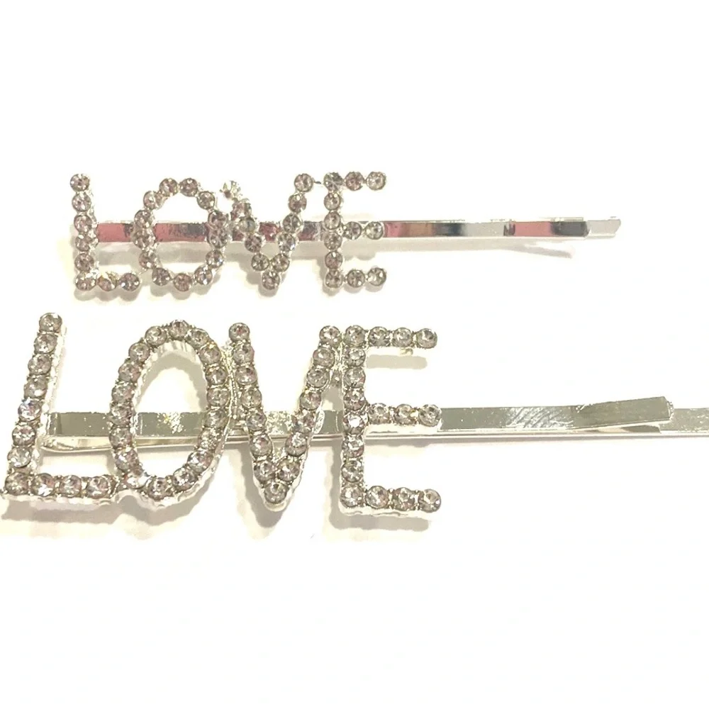 LOVE Hair Pins Set Of 2 Silver Tone Rhinestone Bobby Pins